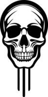 A bold black and white illustration of a skull with a stylized drip effect vector