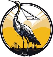 A stylized crane with a yellow sunset background and cityscape silhouette, perfect for branding or logo design vector
