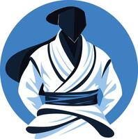 A minimalist, bold illustration of a martial artist in a white uniform, standing in a circular blue frame vector