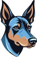 A striking, colorful illustration of a doberman pinscher's head, featuring a bold blue and black color scheme vector