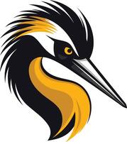 A bold and stylized illustration of a heron's head, featuring vibrant yellow and black colors vector