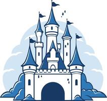 A charming, cartoon style illustration of a majestic castle with multiple towers and a grand entrance vector
