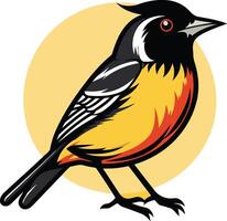 A vibrant illustration of a yellow and black bird with a sunburst behind it vector