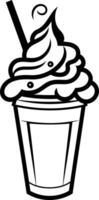 Black and white line art illustration of a milkshake with a whipped cream topping and straw vector
