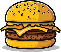 A cartoon style illustration of a juicy hamburger with melted cheese, lettuce, and sesame seed bun vector