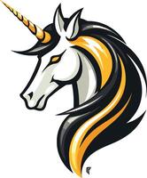 A bold and stylized illustration of a unicorn's head, featuring a flowing mane with black and gold highlights vector