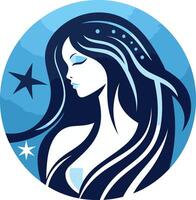 A stylized illustration of a woman with long flowing hair, captured in a serene pose vector