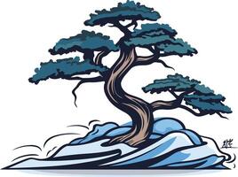 A beautiful illustration of a stylized bonsai tree with its roots emerging from stylized waves, perfect for representing growth, resilience, and peace vector