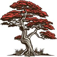 Ancient Bonsai Tree with Red Foliage vector