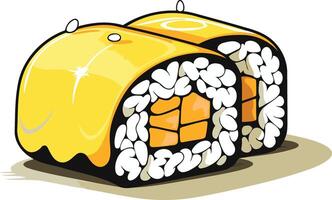 Cartoon style illustration of a delicious sushi roll with a yellow outer layer vector