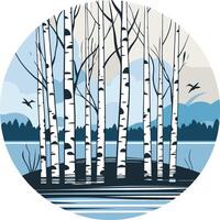 A minimalist illustration of a birch tree forest reflected in a still lake, featuring a blue and white color scheme vector