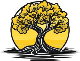 A stylized tree with a thick trunk and sprawling branches, set against a yellow sun vector