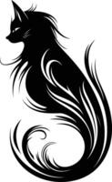 Elegant black and white silhouette of a cat with stylized, flowing fur vector