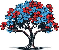 Vibrant cartoon illustration of a tree with blue leaves and red flowers, perfect for nature, spring, or growth concepts vector