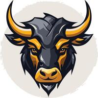 Powerful and aggressive bull head logo with sharp horns and intense eyes, perfect for a sports team, brand, or financial company vector