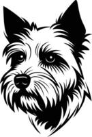 A striking black and white illustration of a cairn terrier's head, with a bold and expressive look vector