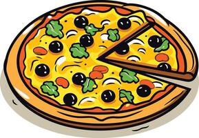 A delicious cartoon pizza with a slice missing, perfect for illustrating food blogs, menus, and social media posts vector