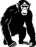A striking black and white silhouette of a chimpanzee, captured in a dynamic pose vector