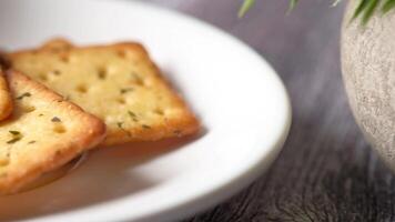 Crackers on a white plate with a plant in the background video