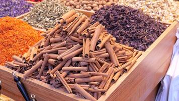 An aromatic display of assorted dried spices, including cinnamon sticks from around the world video