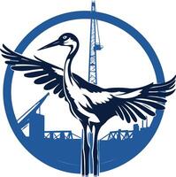 A bold, blue crane silhouette stands within a circular frame, its wings spread wide vector