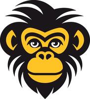 A simple, bold illustration of a chimpanzee's face, featuring a black outline and yellow detailing vector
