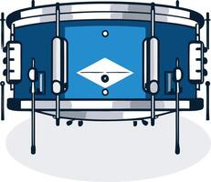 A simple illustration of a blue snare drum with two drumsticks and a white diamond design vector