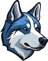 A bold and graphic illustration of a husky's head, rendered in a striking blue and white color scheme vector