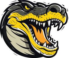 A fierce, cartoon style alligator head with a wide open mouth, bared teeth, and a menacing glare vector