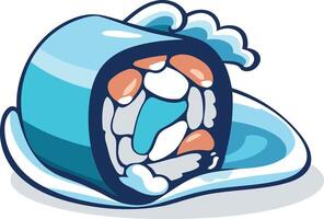 Cartoon sushi roll with colorful fillings, set on a blue wave for a fun and playful design vector