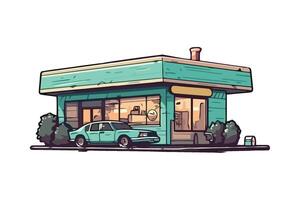 A cartoon car is parked in front of a small store vector
