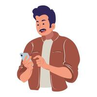 A man with a mustache and mustache looking at his phone vector