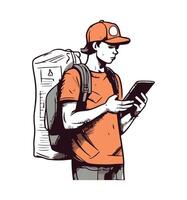 A man with a backpack and a hat is holding a tablet vector