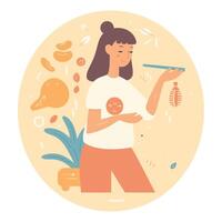 A woman holding a bowl of food and a chopstick vector