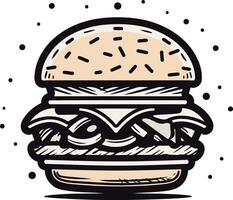 A cartoon style illustration of a delicious burger, featuring a sesame seed bun, juicy patty, lettuce, cheese, and onion vector