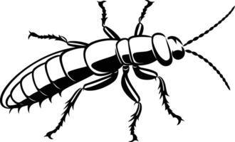 A black and white illustration of a beetle in a stylized, graphic design style vector