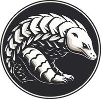 A bold, black and white illustration of a pangolin in a circular design vector