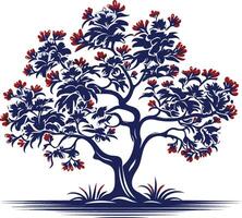 A stylized, dark blue tree with red blossoms, set against a white background vector