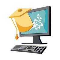 A graduation hat is on top of a computer monitor vector