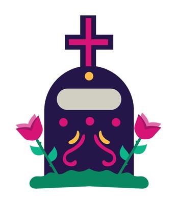 A tombstone with flowers and a cross