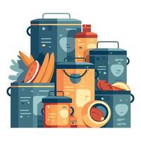 A stack of cans and bottles with food vector