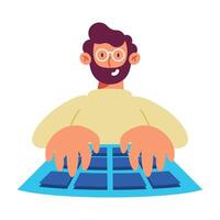 A man with glasses and a beard is sitting on a keyboard vector
