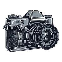 An old camera is shown in a black and white drawing vector