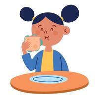 A girl eating a sandwich in front of a table vector