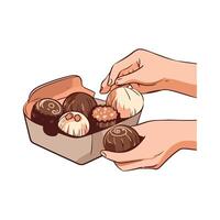 A hand holding a box of chocolates vector