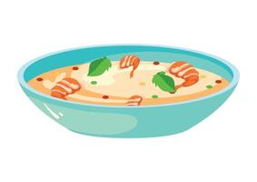 A bowl of soup with shrimp and vegetables vector