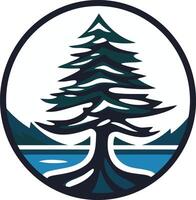 A stylized evergreen tree stands tall against a serene backdrop of mountains and water, creating a simple yet elegant logo design vector
