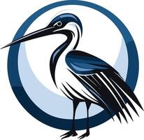 Stylized heron logo design, featuring a blue and white bird with elegant lines and a circular frame vector