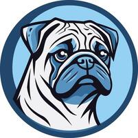 A cartoon pug dog with a blue and white color scheme, looking directly at the viewer, perfect for branding, t shirts, or pet related businesses vector