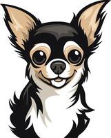A charming cartoon illustration of a black and white chihuahua with big, expressive eyes, looking directly at the viewer with a happy smile vector